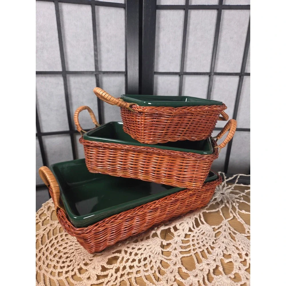 Vintage Green Ceramic Baking Dish Set with Wicker Baskets 3 Pieces Rectangular